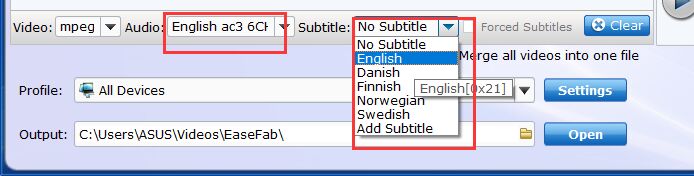 Select desired sub or audio track