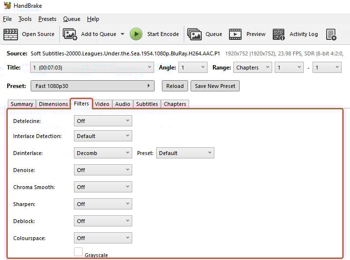 Handbrake filters tab