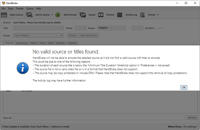 Handbrake No Valid Source or Titles Found Error