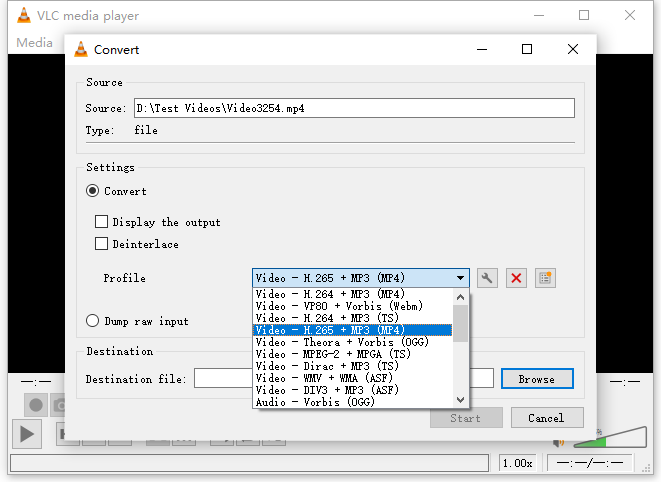Convert H264 to HEVC with VLC